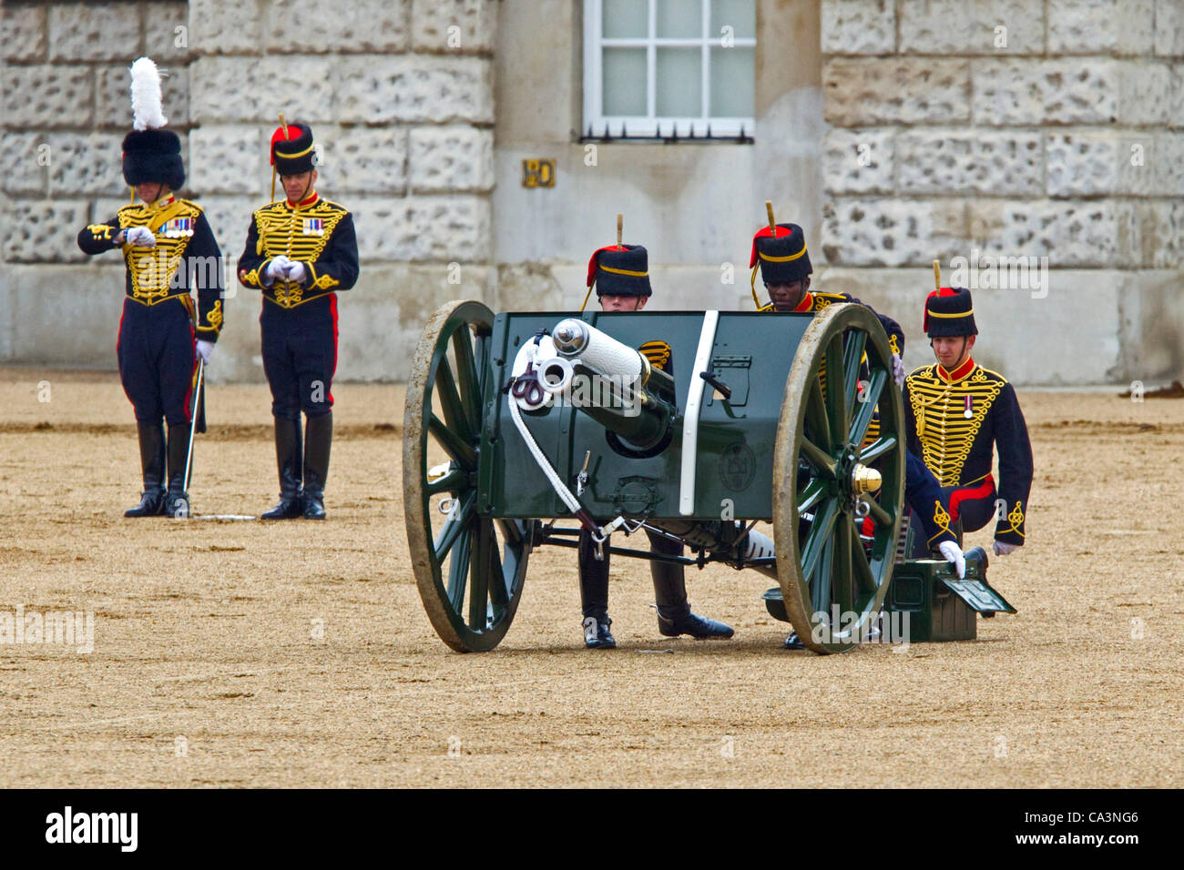 London, UK. 02 june, 2012. The King's Troop Royal Horse Artillery fire a gun salute to mark Coronation Day, celebrating Queen Elizabeth II's coronation, Horse Guards Parade, London, England, Saturday, June 02, 2012. Stock Photo
