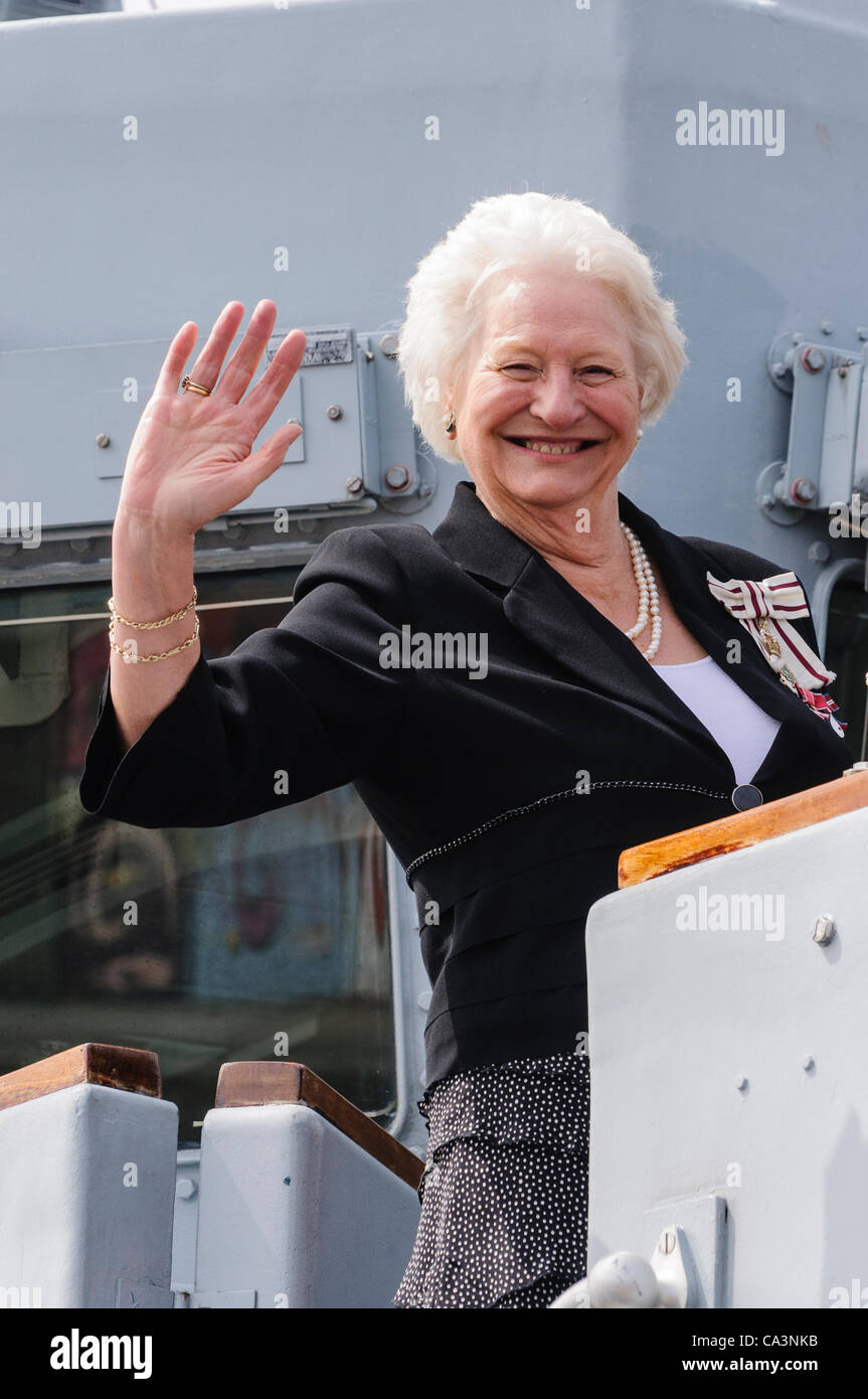 Bangor, County Down, 02/06/2012 - Dame Mary Peters leaves HMS Bangor as she arrives in her home town to begin the Diamond Jubilee festivities Stock Photo