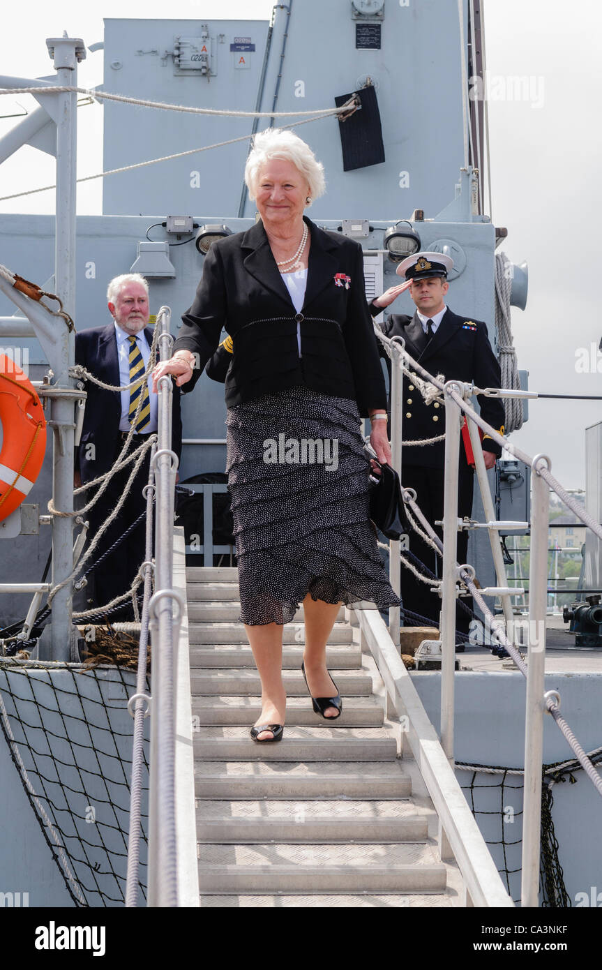 Bangor, County Down, 02/06/2012 - Dame Mary Peters leaves HMS Bangor as she arrives in her home town to begin the Diamond Jubilee festivities Stock Photo