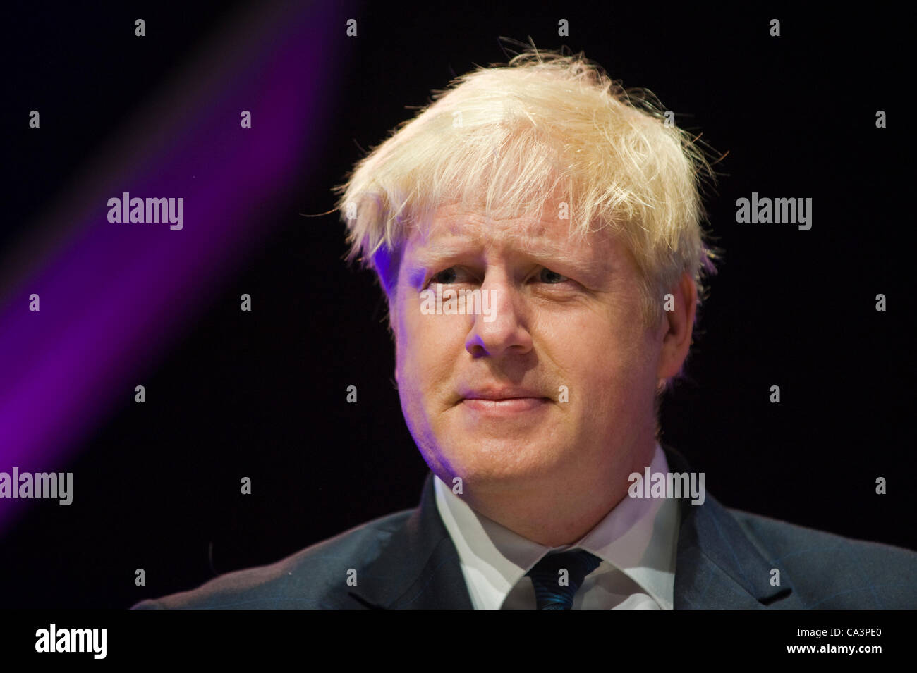 Boris Johnson reading from his book 'Johnson's Life of London' at The Telegraph Hay Festival 2012, Hay-on-Wye, Powys, Wales, UK Stock Photo