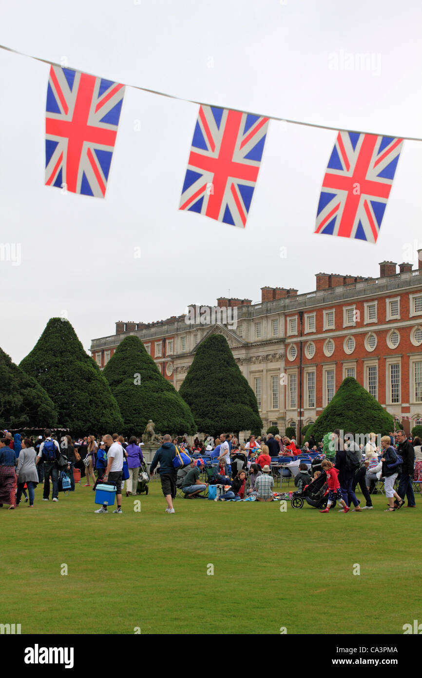 02 June 2012. Hampton Court, England, UK. The Jubilee Garden Party at Hampton Court Palace with free entertainment for all the family part of the Diamond Jubilee celebrations. Stock Photo