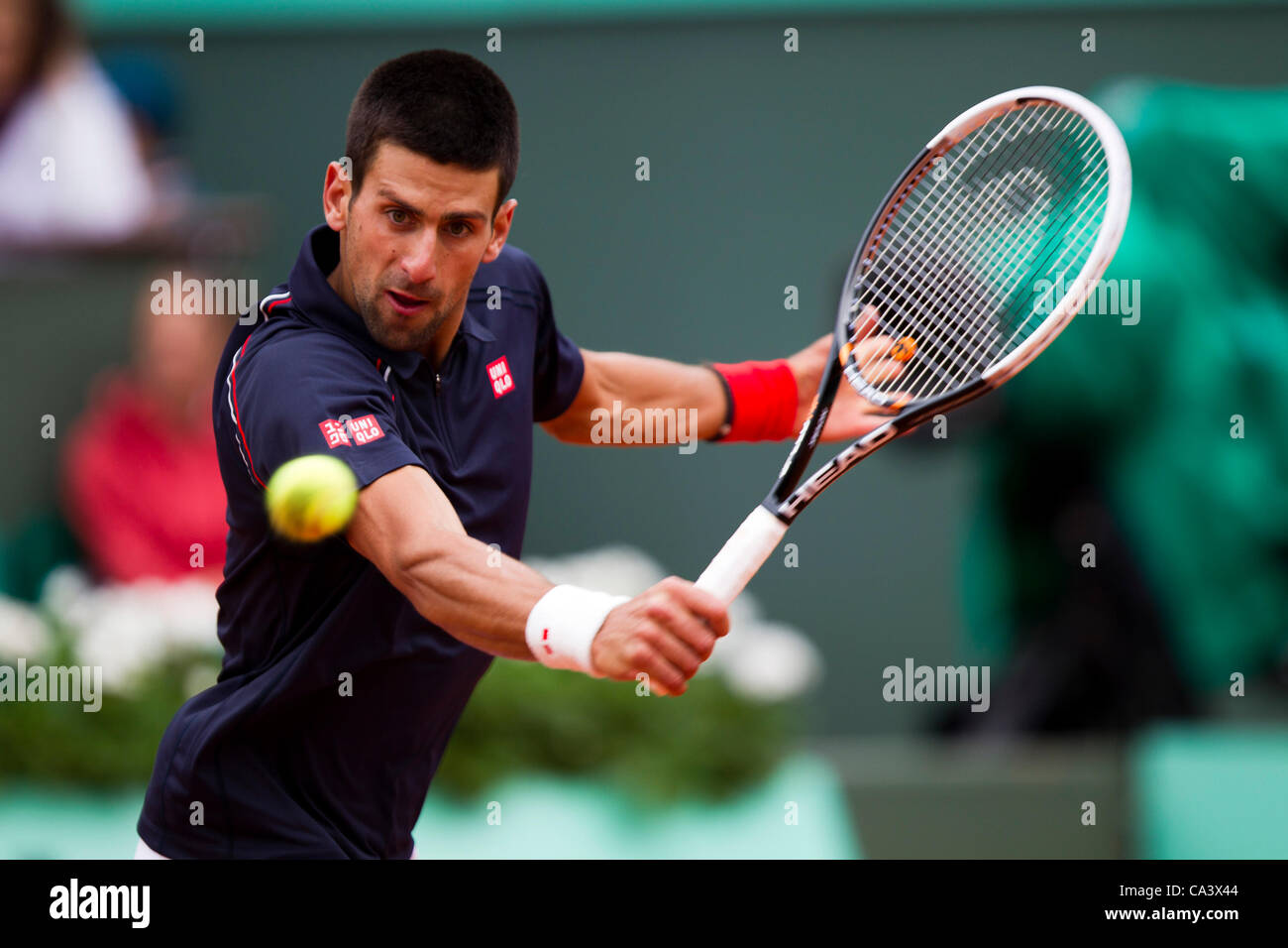 03.06.2012 Paris, France. Novak Djokovic in action against Andreas Seppi on day 8 of the French Open Tennis from Roland Garros. Stock Photo