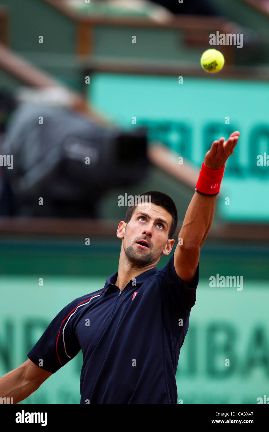 03.06.2012 Paris, France. Novak Djokovic in action against Andreas Seppi on day 8 of the French Open Tennis from Roland Garros. Stock Photo