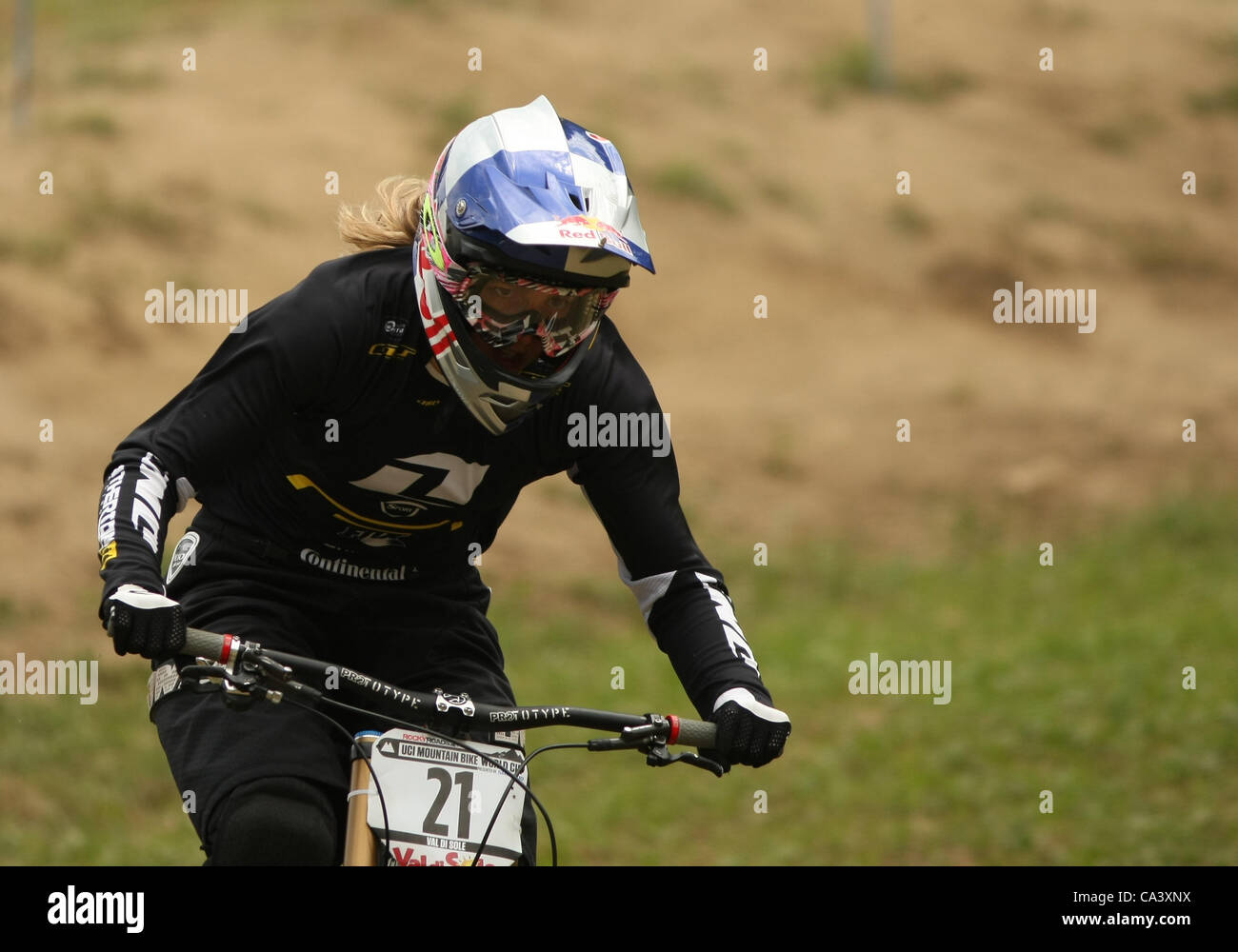 03.05.2012, Val Di Sole, Italy. Rachel ATHERTON (GBR) in action as she wins the competition during the 2012 UCI World Cup Mountain Bike Downhill, Val Di Sole Italy Stock Photo