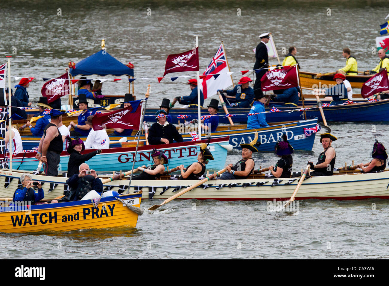 LONDON, UK, 3rd June 2012. Many boats pass as part of the diamond jubilee pageant. Stock Photo