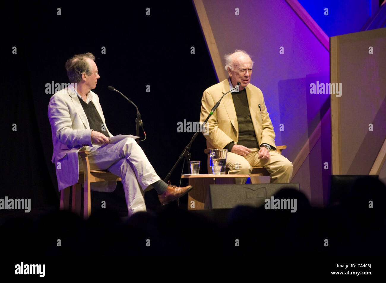 James Watson, co-discoverer of the structure of DNA in 1953, pictured talking to Ian McEwan at The Telegraph Hay Festival 2012, Hay-on-Wye, Powys, Wales, UK Stock Photo