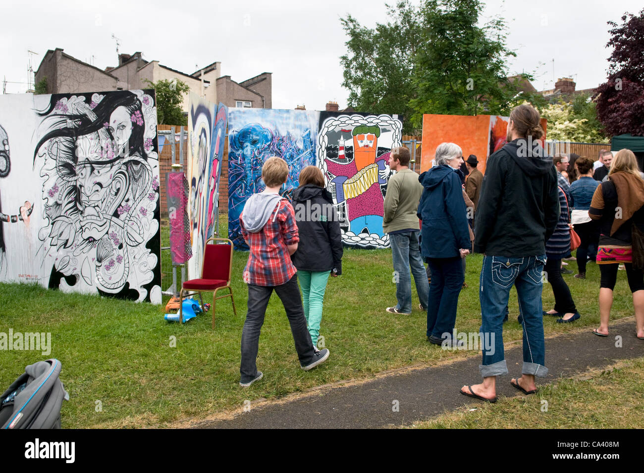 Graffiti displays and artists at the Upfest Bristol 2012 urban art