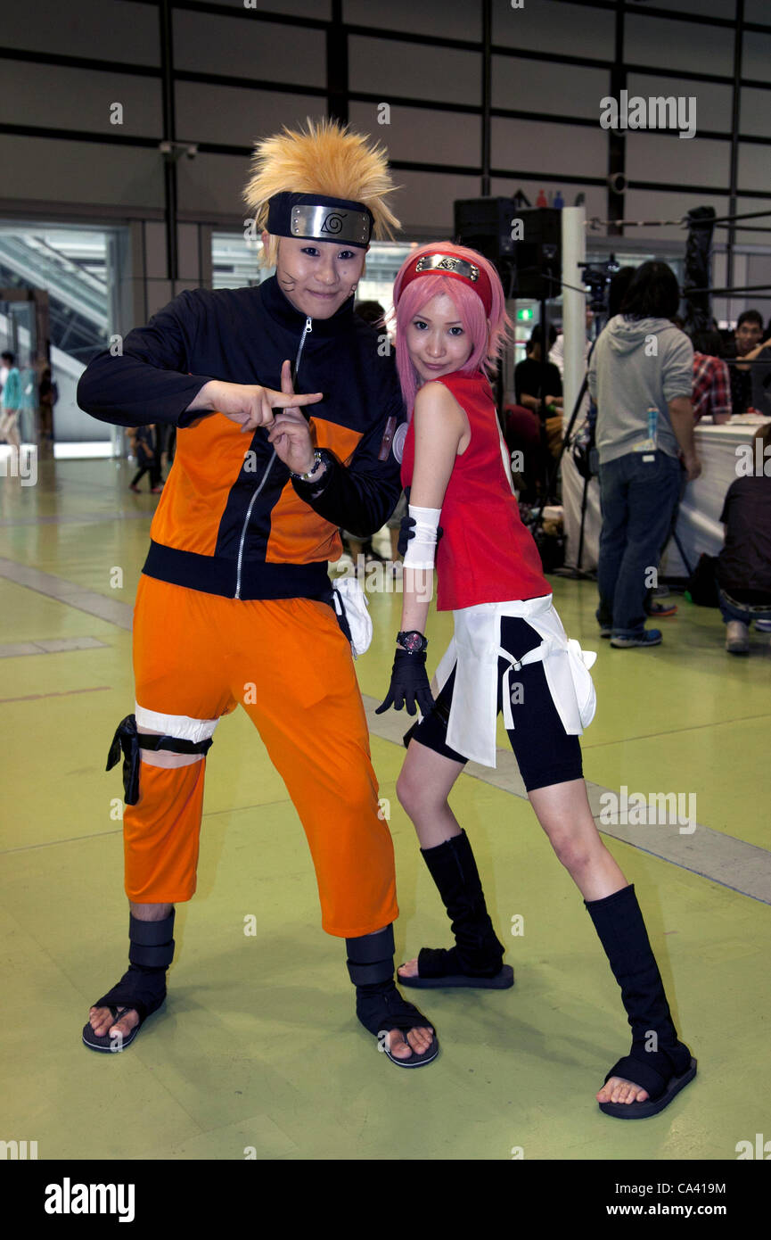 June 2, 2012, Tokyo, Japan - (L to R) Men and woman dress as Naruto and  Sakura anime characters at the Moe Culture Festival 2012. The Anime and  Cosplay exhibition 