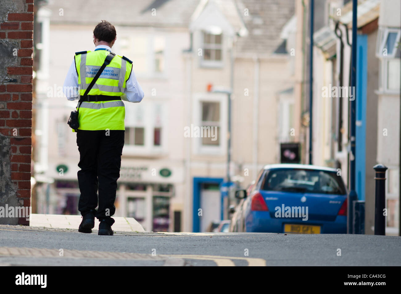 Ceredigion County Council 'Parking Enforcement Officers' on the streets of Aberystwyth on the first day of their official work, now legally empowered to issue fixed penalty notices for parking violations June 4 2021 Stock Photo