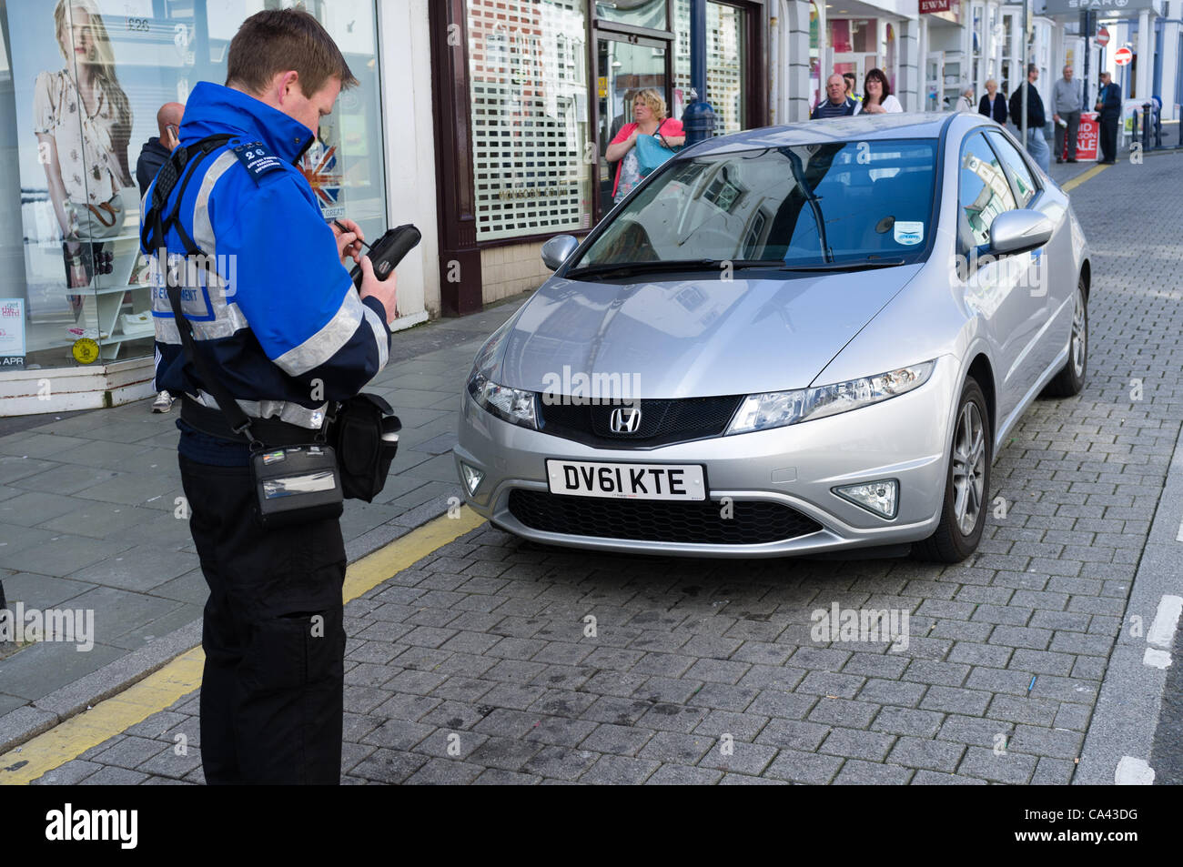 Ceredigion County Council 'Parking Enforcement Officers' on the streets of Aberystwyth on the first day of their official work, now legally empowered to issue fixed penalty notices for parking violations June 4 2021 Stock Photo