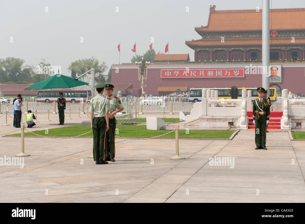 Change of military guards on Tiananmen Square, Beijing, China on Monday June 4, 2012. Security is tight on Tiananmen square as June 4th 2012 marks the 23rd anniversary of the military crackdown on students protests at Tiananmen Square in 1989. Stock Photo