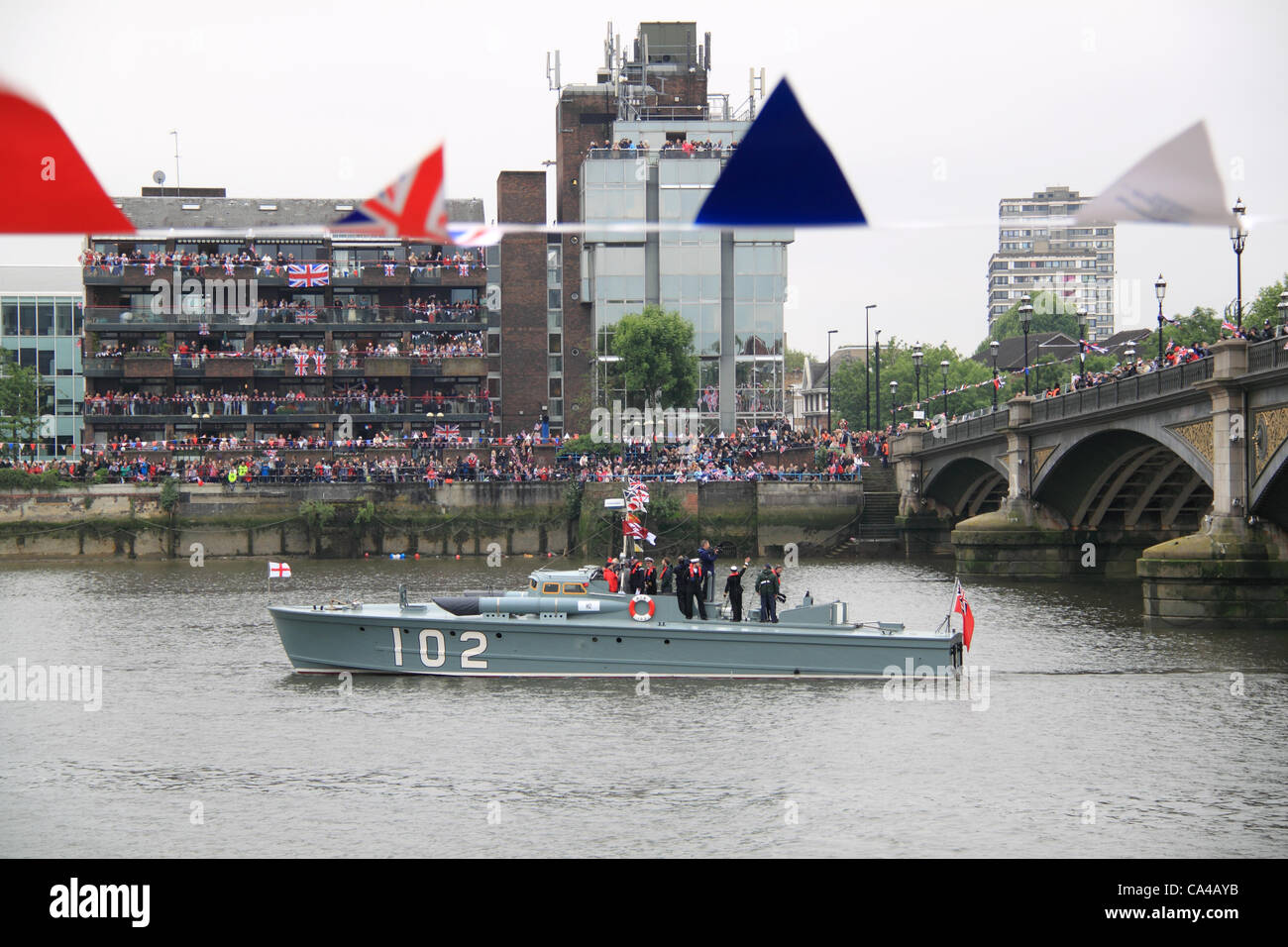 Royal Navy Vospers MTB102 (Motor Torpedo Boat), Diamond Jubilee Thames Pageant, 3rd June 2012, Battersea Bridge, London, UK Stock Photo