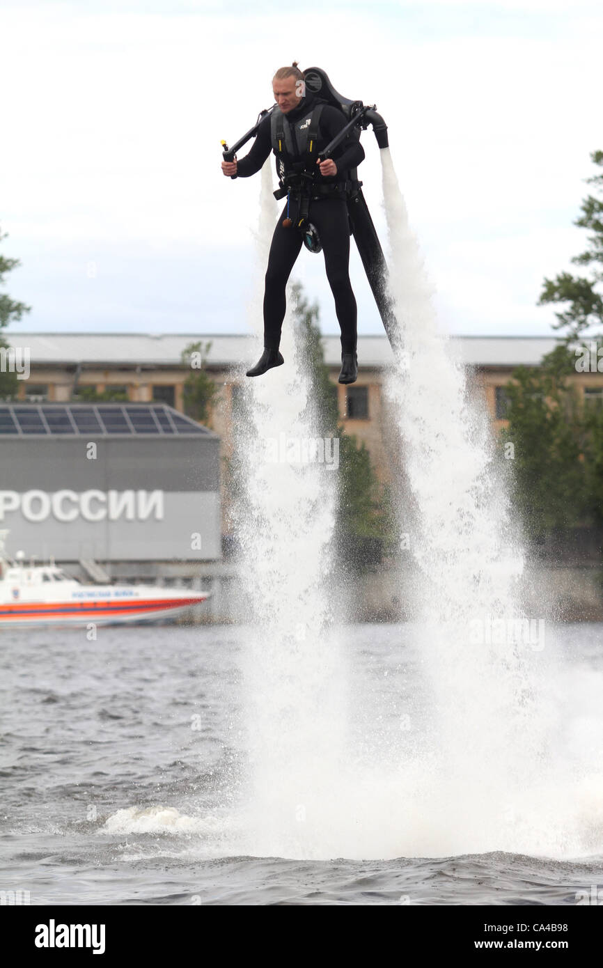 May 31, 2012 - St. Petersburg, Russia - May 31,2012.St.Petersburg,Russia. Pictured: Presentation of The Jetlev-Flyer jetpack at Baltic Marine Festival 2012.The Jetlev-Flyer is a personal jet pack for the water sports set.The Jetlev-Flyer is a James Bond-like jetpack powered by high-pressure water. ( Stock Photo