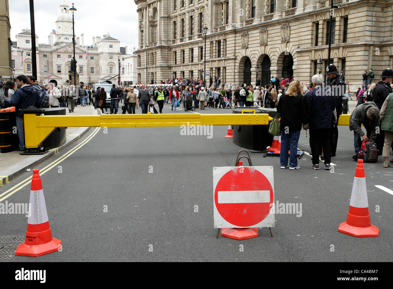 Closed road and security barrier in  central London Stock Photo