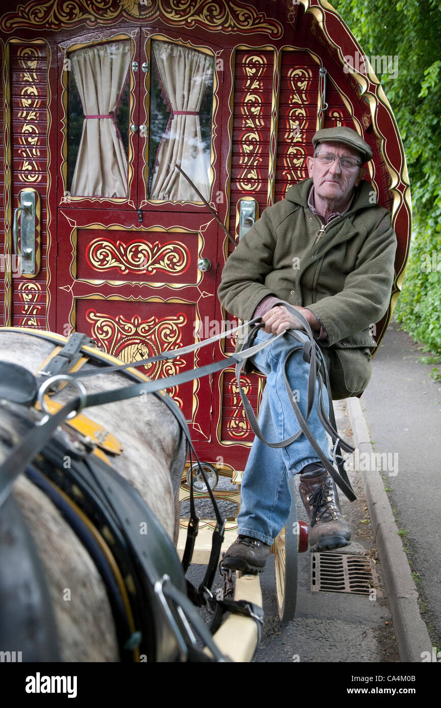 Wednesday 6th June 2012 at Appleby, Cumbria, England, UK. Horse drawn bow-top wagons arrive from all over the UK for Appleby Fair, the biggest annual gathering of Gypsies and Travellers in Europe. Trevor Jones (pictured)  has spent three weeks on the road to reach the fair from The Wirral. The fair Stock Photo