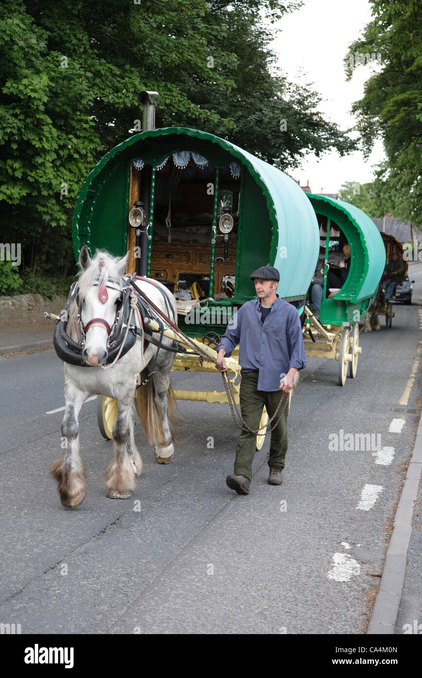 Wednesday 6th June 2012 at Appleby, Cumbria, England, UK. Horse drawn bow-top wagons arrive from all over the UK for Appleby Fair, the biggest annual gathering of Gypsies and Travellers in Europe. Jason Plant (pictured) makes his own wagons, and has spent two and a half weeks on the road to reach th Stock Photo