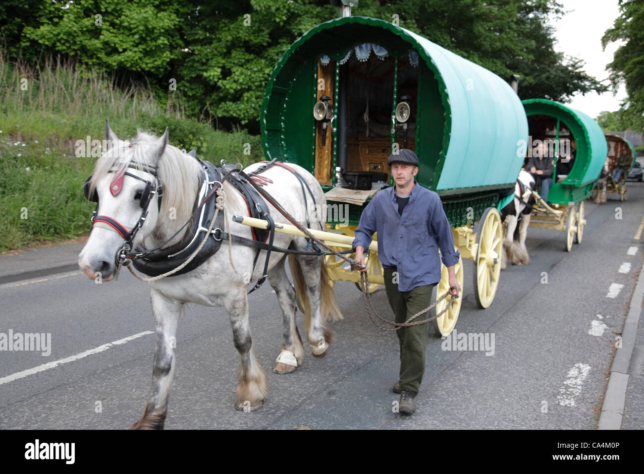 Wednesday 6th June 2012 at Appleby, Cumbria, England, UK.  Horse drawn bow-top wagons arrive from all over the UK for Appleby Fair, the biggest annual gathering of Gypsies and Travellers in Europe. Jason Plant (pictured) makes his own wagons, and has spent two and a half weeks on the road to reach t Stock Photo