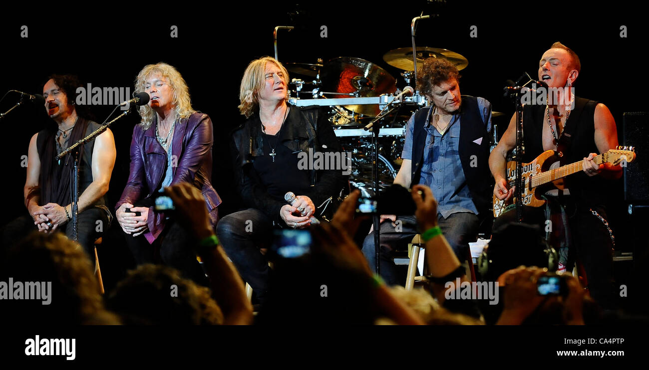 June 6,2012. Hollywood CA. The british band Def Leppard members (L-R) Vivian Campbell,  Rick Savage, Joe Elliot, Rick Allen and Phil Collen, do a Q&A for the fans at the House of Blues Wendsay after noon to kick off there new 2012 U.S. tour. Todays event can be seen on youtube tomorrow Thursday. Pho Stock Photo