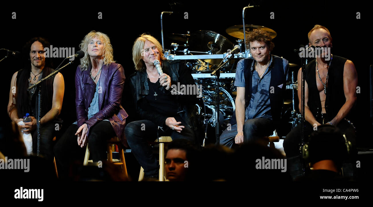 June 6,2012. Hollywood CA. The british band Def Leppard members (L-R) Vivian Campbell,  Rick Savage, Joe Elliot, Rick Allen and Phil Collen, do a Q&A for the fans at the House of Blues Wendsay after noon to kick off there new 2012 U.S. tour. Todays event can be seen on youtube tomorrow Thursday. Pho Stock Photo
