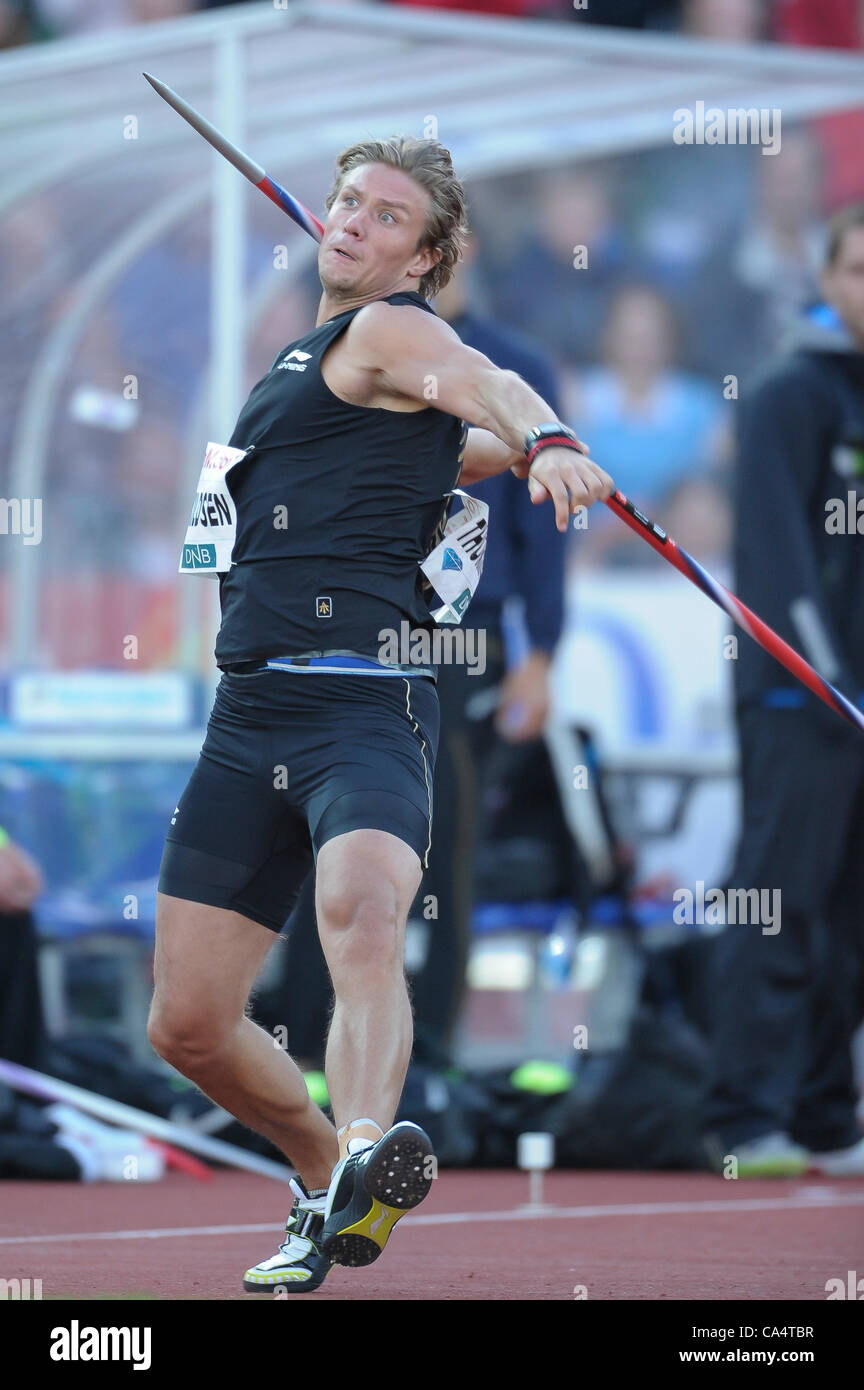 07.06.2012 Oslo, Norway Andreas Thorkildsen of Norway competes in the men’s javelin during the ExxonMobil Bislett Games Samsung Diamond League at the Bislett Stadion in Oslo. Stock Photo