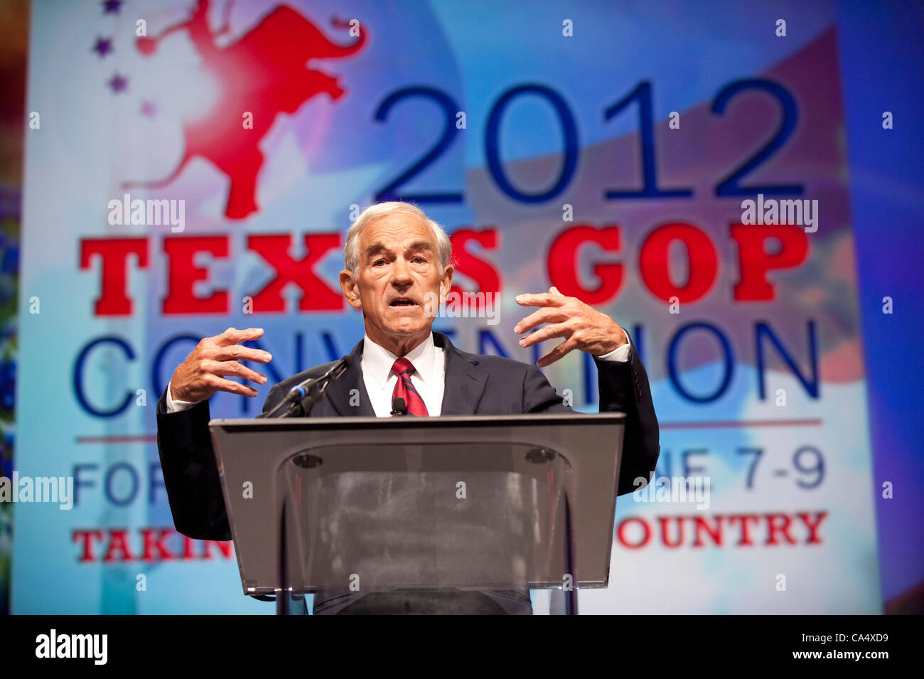 U.S. Presidential candidate Ron Paul speaks to thousands of  delegates at the opening of the Texas Republican Convention in Fort Worth.  Paul continues to challenge front runner Mitt Romney. Stock Photo