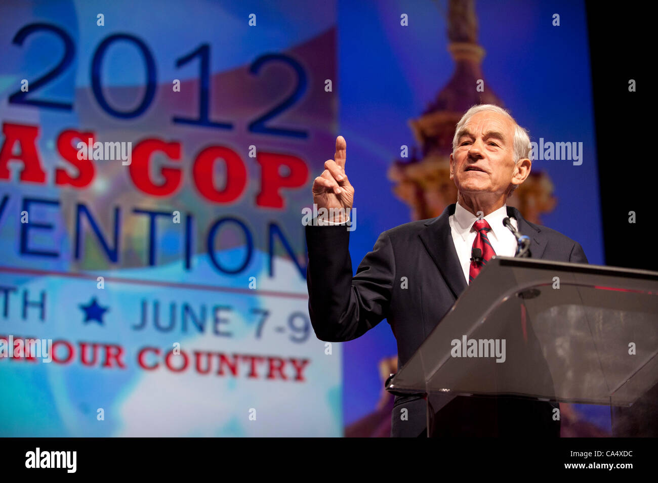 U.S. Presidential candidate Ron Paul speaks to thousands of  delegates at the opening of the Texas Republican Convention in Fort Worth.  Paul continues to challenge front runner Mitt Romney. Stock Photo