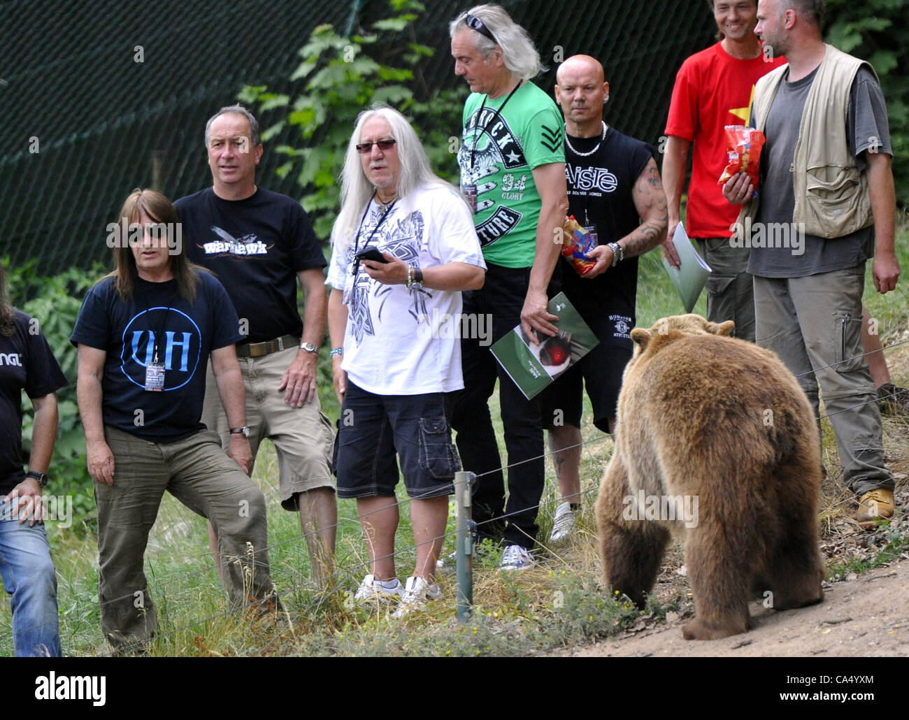 British rock band Uriah Heep which will play at the festival Metalfest in Pilsen, Czech Republic baptised on June 8, 2012 bears Eliska and Honzik in the local zoo in Pilsen. From left bassist Trevor Bolder, director of the Zoo Jiri Travnicek, guitarist Mick Box, keyboardist Phil Lanzon, drummer Russ Stock Photo
