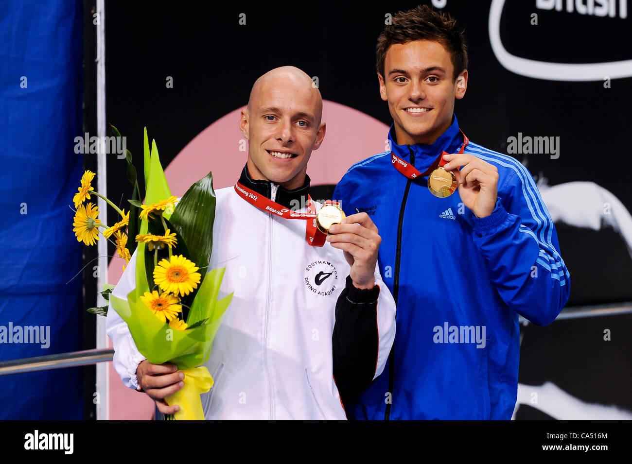 08.06.2012 Sheffield, England. Thomas Daley and Peter Waterfield (Plymouth Diving and Southampton DA) pose with their Gold Medals after winning the Mens 10m Synchro Platform Final on Day 1 of the 2012 British Gas Diving Championships (and Team GB Olympic Squad Selection Trials) at Ponds Forge Intern Stock Photo