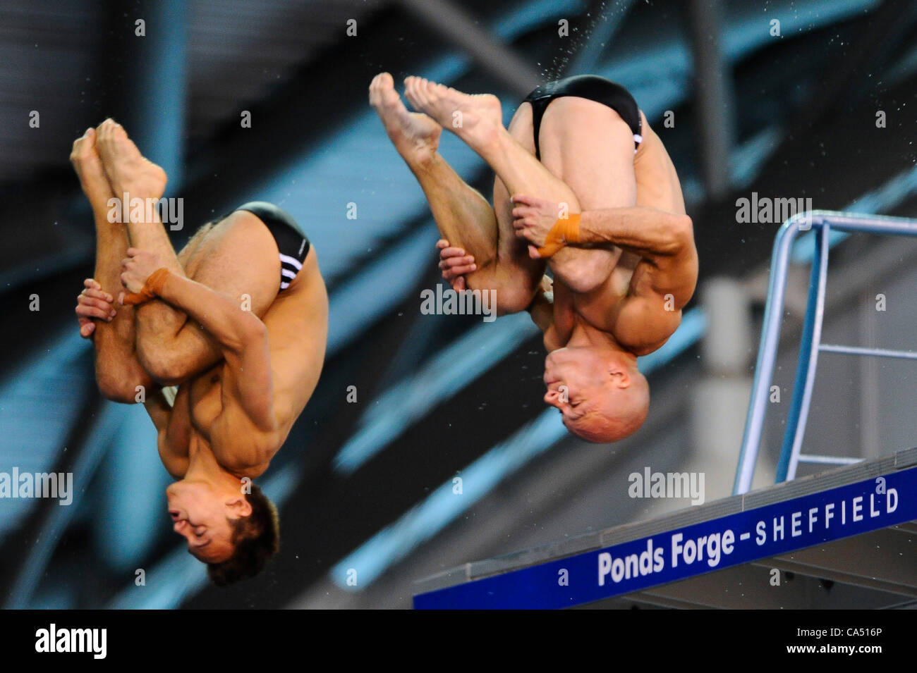 08.06.2012 Sheffield, England. Thomas Daley and Peter Waterfield (Plymouth Diving and Southampton DA) compete in the Mens 10m Synchro Platform Final going on to take victory and the Gold Medal on Day 1 of the 2012 British Gas Diving Championships (and Team GB Olympic Squad Selection Trials) at Ponds Stock Photo