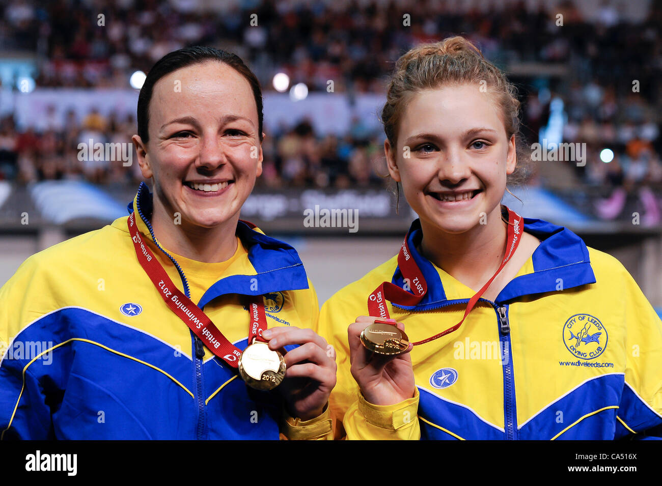08.06.2012 Sheffield, England. Rebecca Gallantree and Alicia Blagg (City of Leeds Diving Club) pose with their Gold medals after winning the Womens 3m Synchro Springboard Final on Day 1 of the 2012 British Gas Diving Championships (and Team GB Olympic Squad Selection Trials) at Ponds Forge Internati Stock Photo