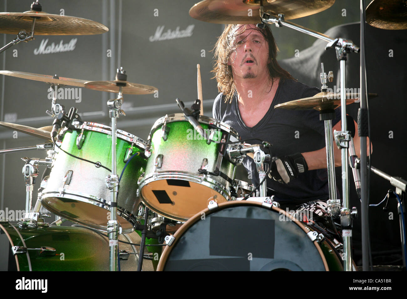 ZAGREB, CROATIA, June 8 2012. Mario Duplantier (drums) of the band Gojira performing at Rokaj (trans: Rock!) festival in Zagreb, Croatia. Stock Photo