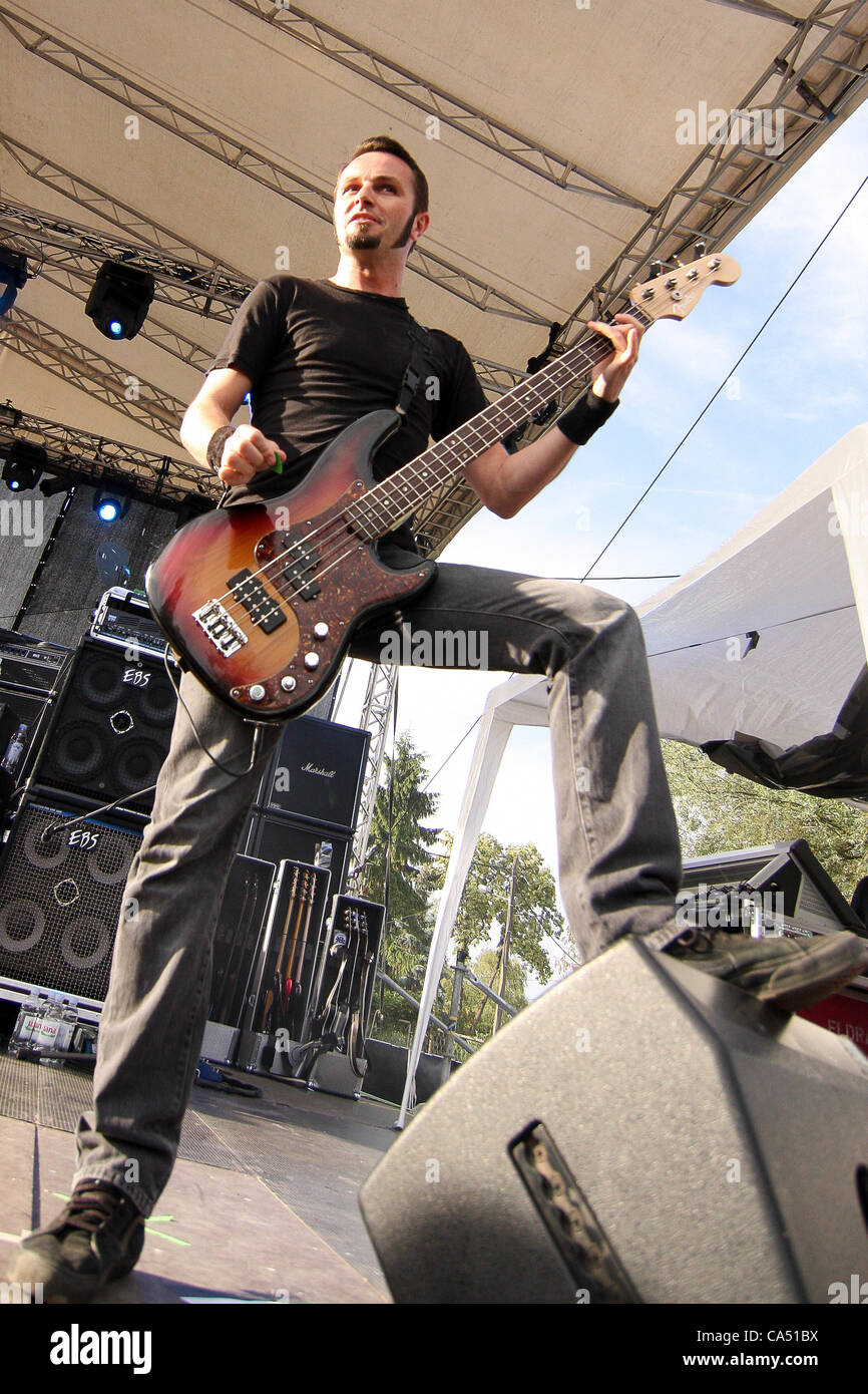 ZAGREB, CROATIA, June 8 2012. Jean-Michel Labadie (bass) of the band Gojira performing at Rokaj (trans: Rock!) festival in Zagreb, Croatia. Stock Photo