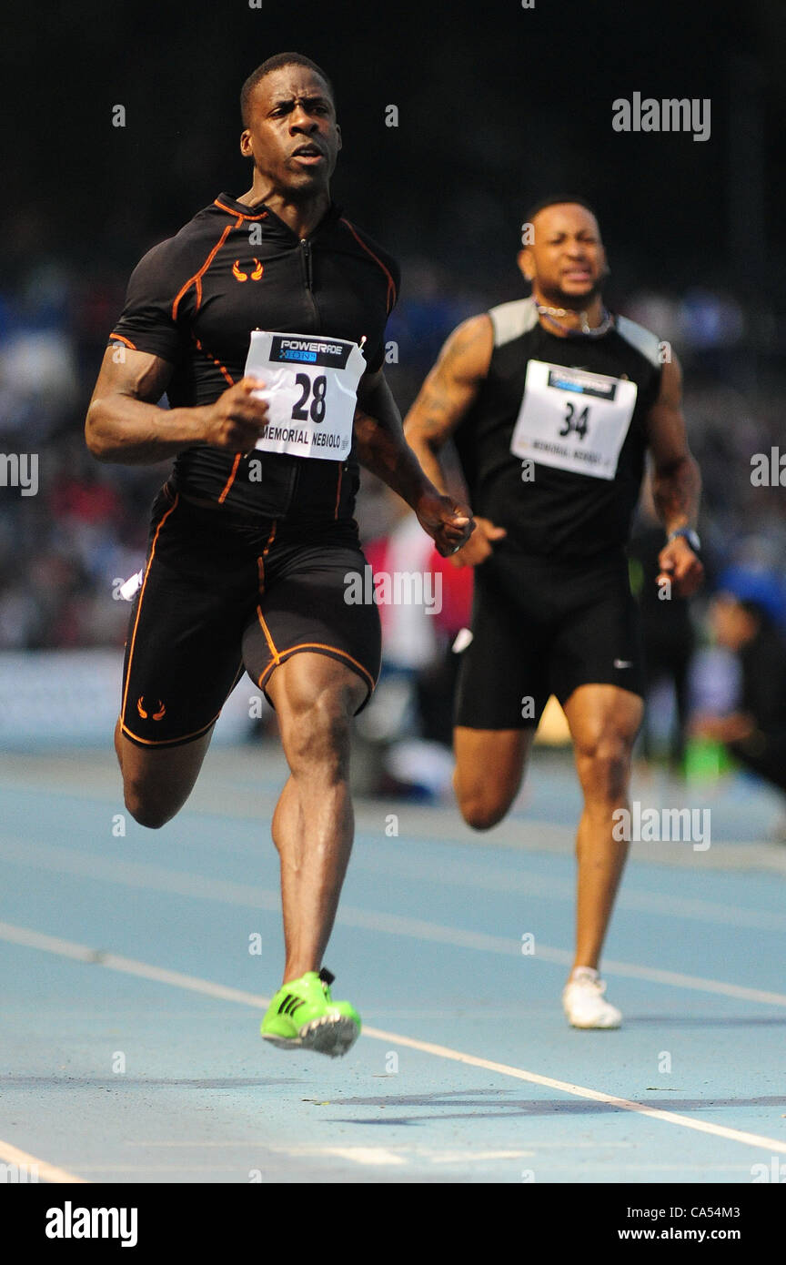 Near Turin, Italy.  08.06.2012. Stadio Primo Nebiolo,Torino. Primo Nebiolo International Athletics Meeting 100 m men Dwain Chambers of Great Britain wins the race Stock Photo