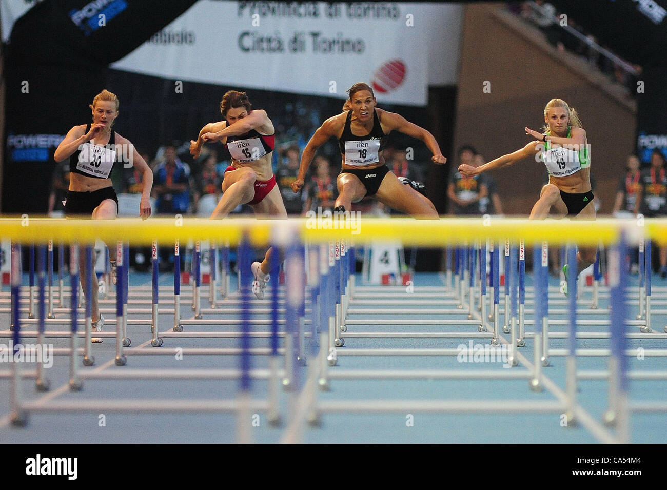 Near Turin, Italy.  08.06.2012. Stadio Primo Nebiolo,Torino. Primo Nebiolo International Athletics Meeting 100 m women hurdles Lolo Jones wins the race Stock Photo