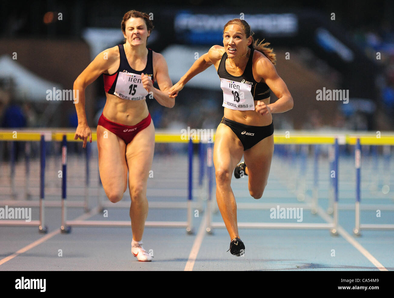 Near Turin, Italy.  08.06.2012. Stadio Primo Nebiolo,Torino. Primo Nebiolo International Athletics Meeting 100 m women hurdles Lolo Jones wins the race Stock Photo