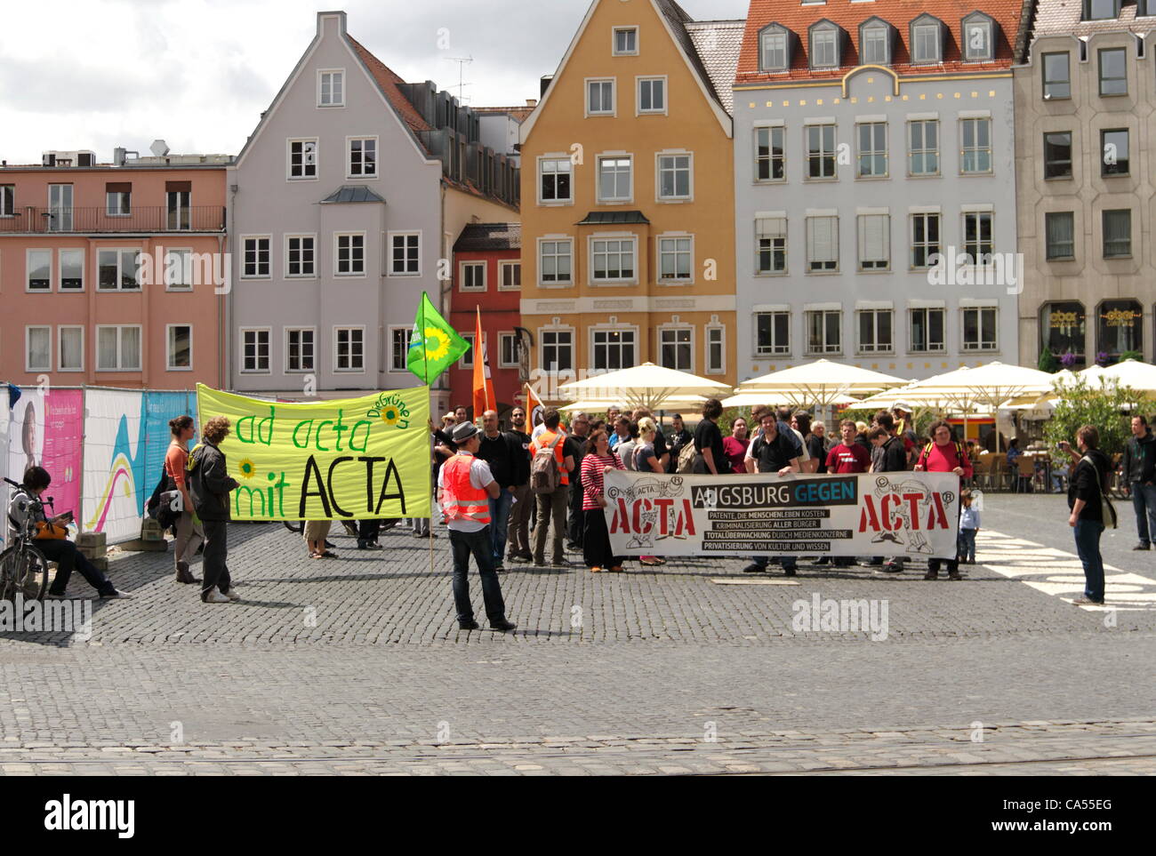 June 09.2012 augsburg,pacific avenue,germany  piratenparty demonstration against ACTA Internet Law, control of communication and censorship of internet, holding banners and signs Stock Photo