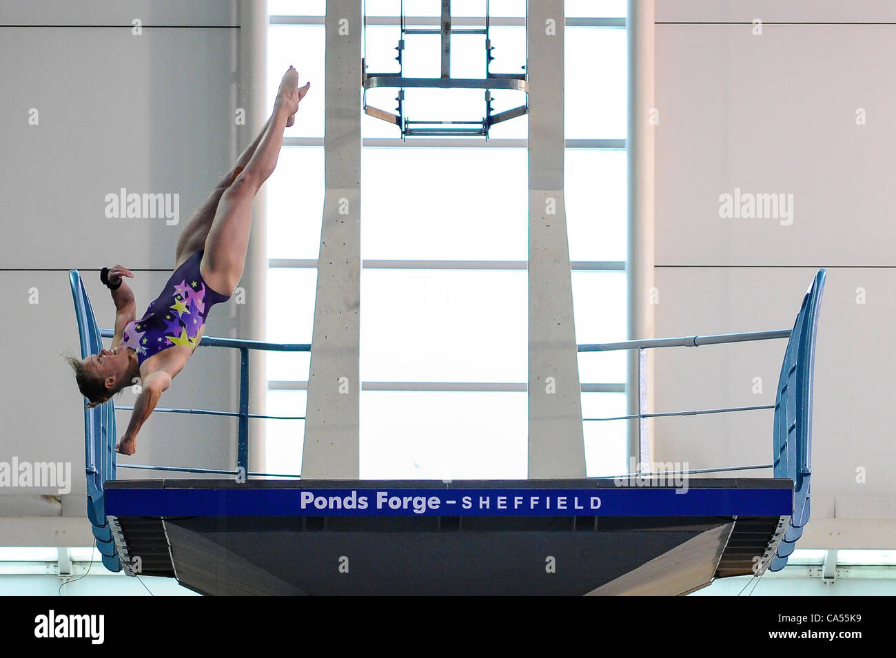 09.06.2012 Sheffield, England. Stacie Powell (Southampton DA) competes in the Womens 10m Platform Preliminary on Day 2 of the 2012 British Gas Diving Championships (and Team GB Olympic Squad Selection Trials) at Ponds Forge International Sports Centre. Stock Photo