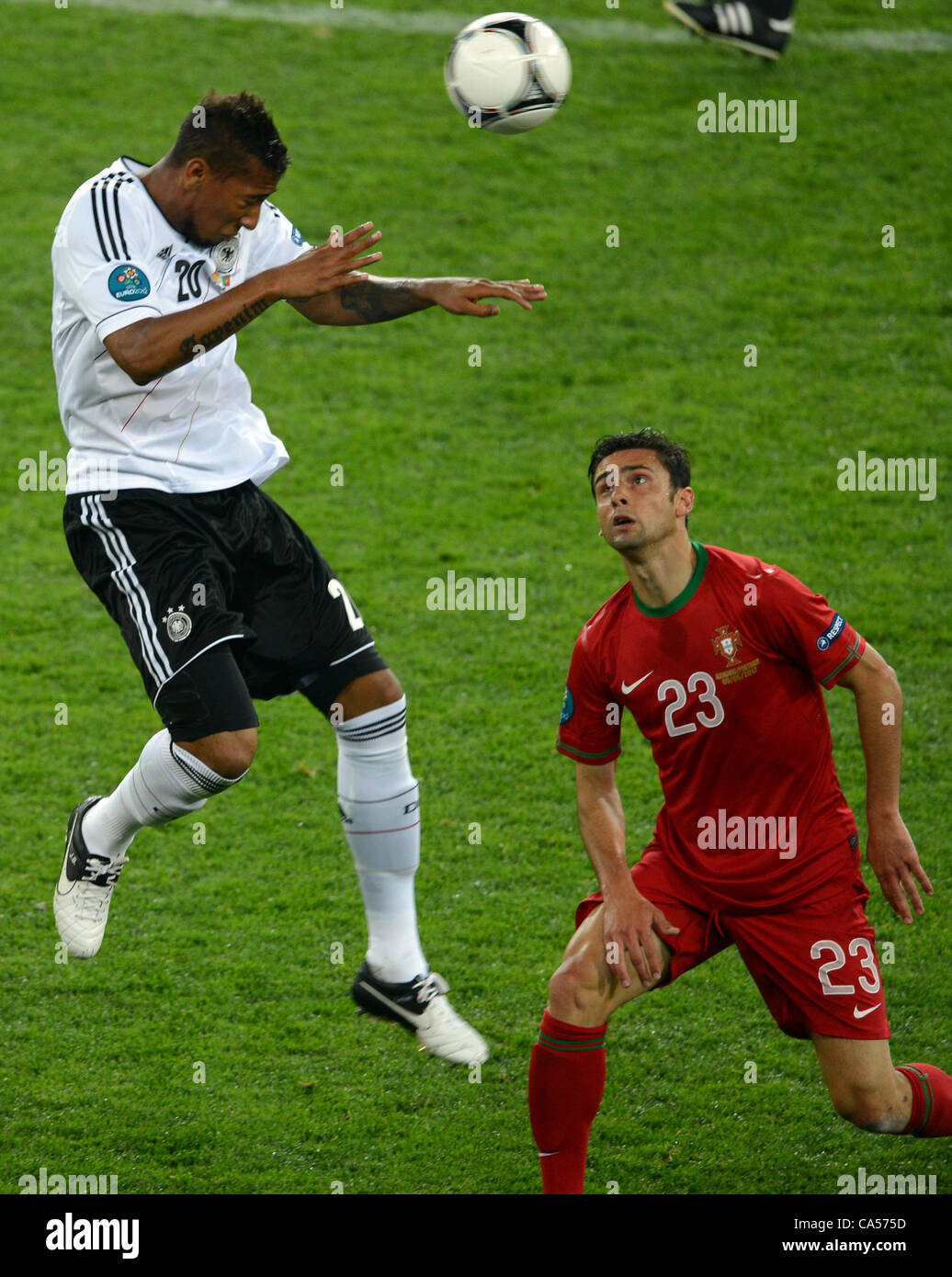 09.06.2012. Lviv Ukraine Germany's Jerome Boateng (L) and Portugal's Helder Postiga vie for the ball during UEFA EURO 2012 group B soccer match Germany vs Portugal at Arena Lviv in Lviv, the Ukraine, 09 June 2012. Germany won the game by a score of 1-0. Stock Photo