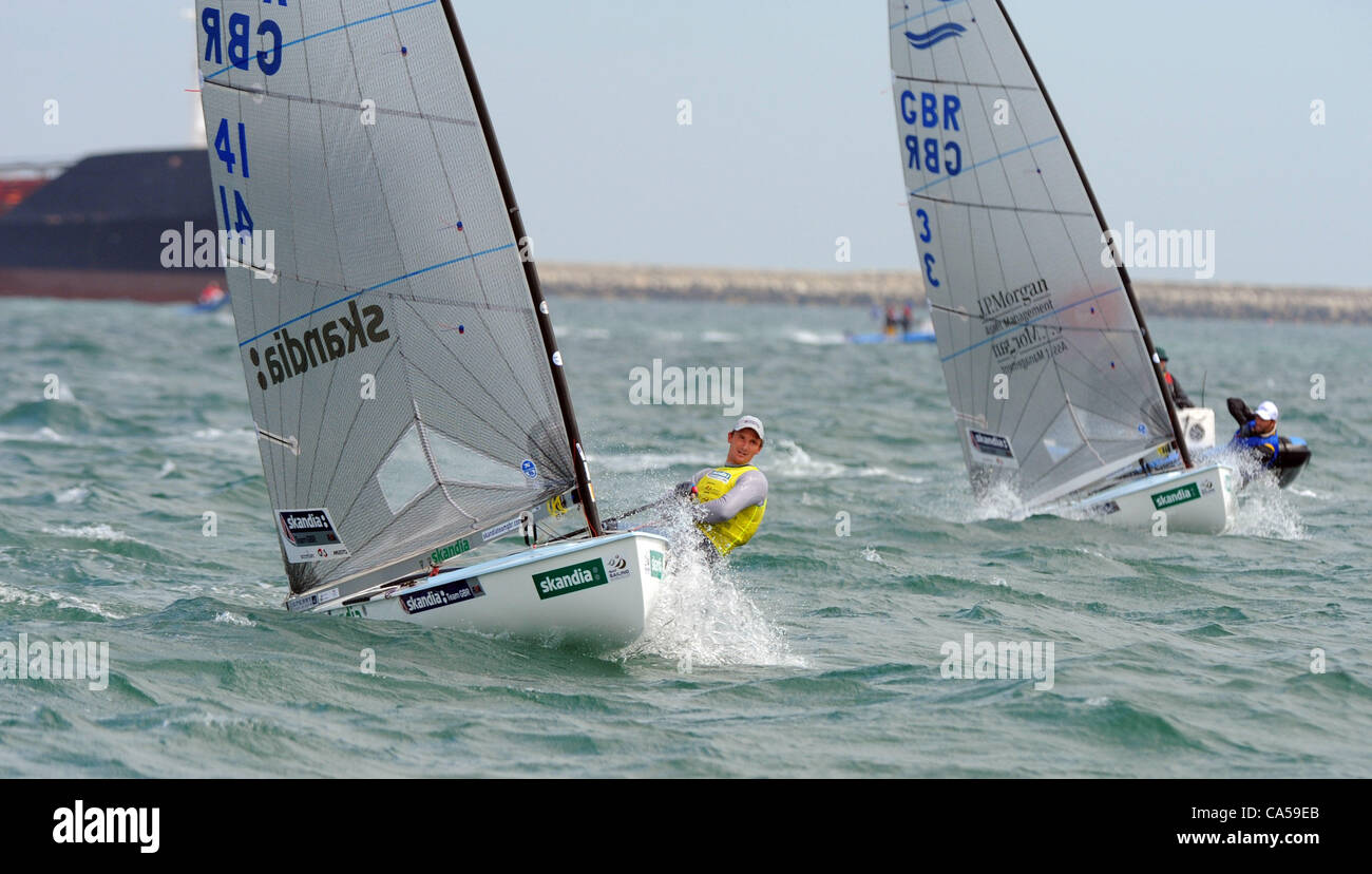 Sail for Gold medal races at Portland in Dorset, U.K. Giles Scott and Ben Ainslie racing in the medal race . Sail for Gold medal races at Portland in Dorset, U.K.  PICTURE BY: DORSET MEDIA SERVICE Stock Photo