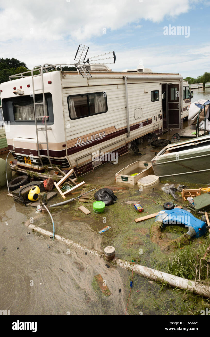 Sunday 10 June 2012.Aberystwyth Holiday Village mobile home and caravan following the flash floods that hit the Aberystwyth area on Saturday 9 June 2012.  The River Rheidol which flows along the edge of the site burst it banks Stock Photo