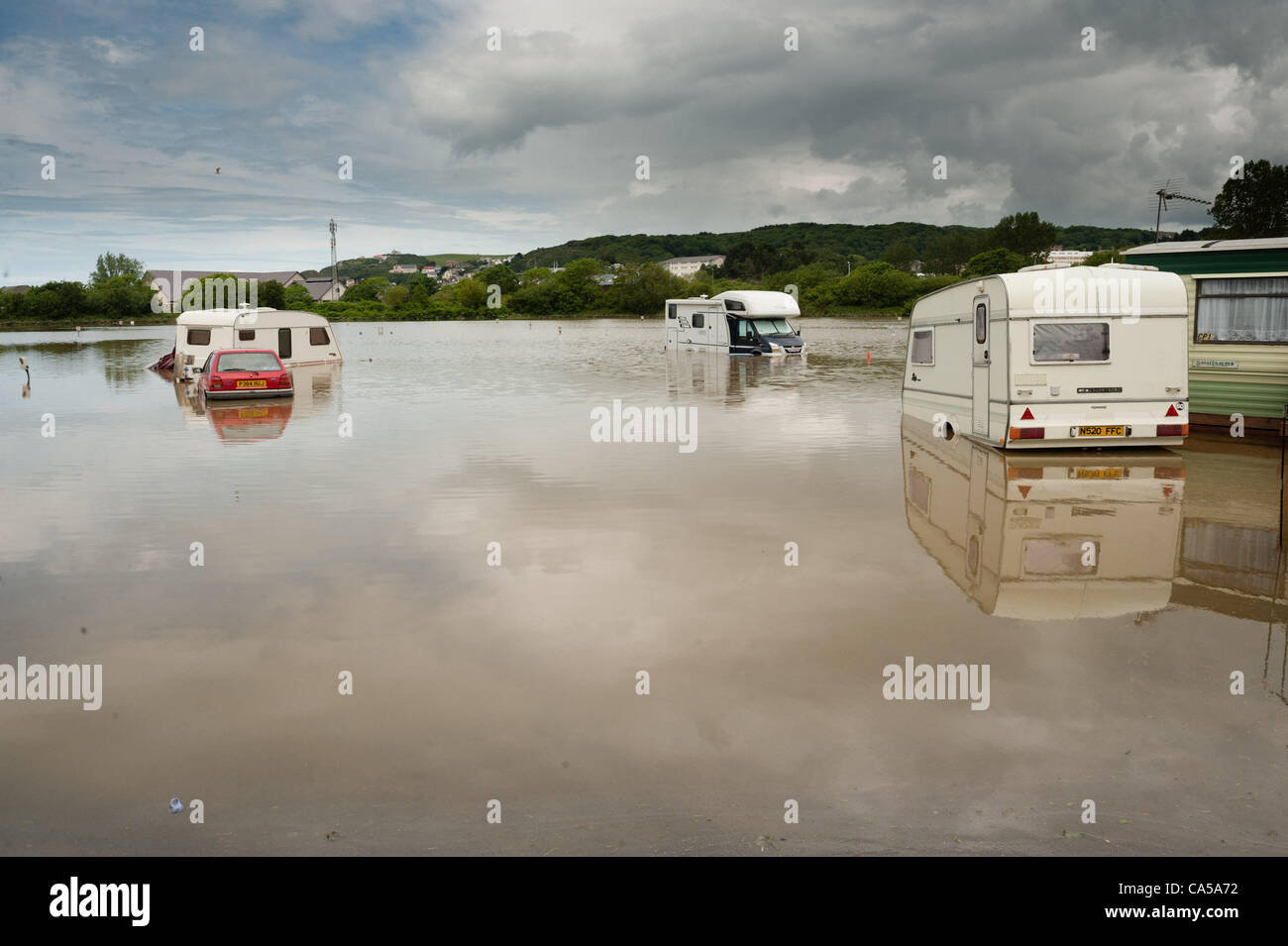 Sunday 10 June 2012. Aberystwyth Holiday Village following the flash floods that hit the Aberystwyth area on Saturday 9 June 2012.  The River Rheidol which flows along the edge of the site burst it banks and flooded the campsite following two days of torrential rain photo ©keith morris Stock Photo