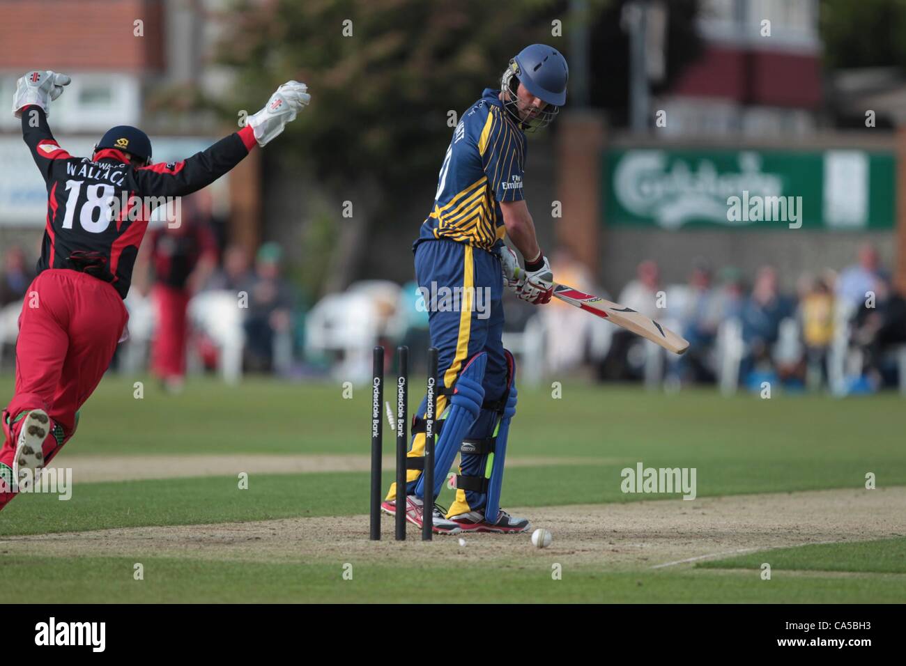 10.06.2012 Colwyn Bay Wales. Liam Plunkett is bowled out during the Clydesdale Bank 40 match between the Welsh Dragons and Durham Dynamos from Colwyn Bay. Stock Photo