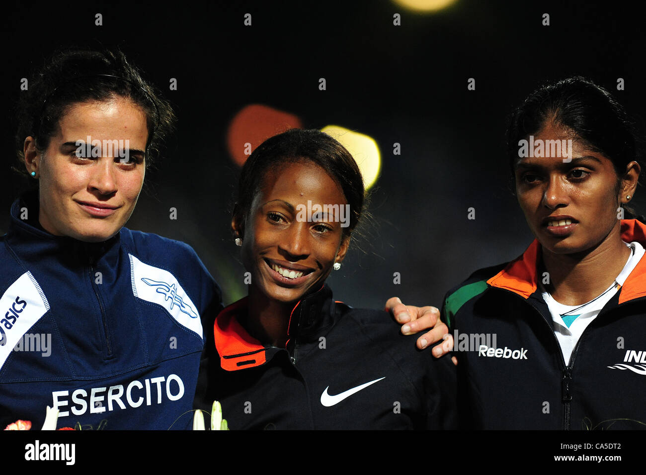 08.06.2012. Stadio Primo Nebiolo,Torino. Primo Nebiolo International Athletics Meeting 800 m women The podium: Marta Milani (Italy), Yusneysi Santiusti (Cuba) and Tintu Luka (India) Stock Photo