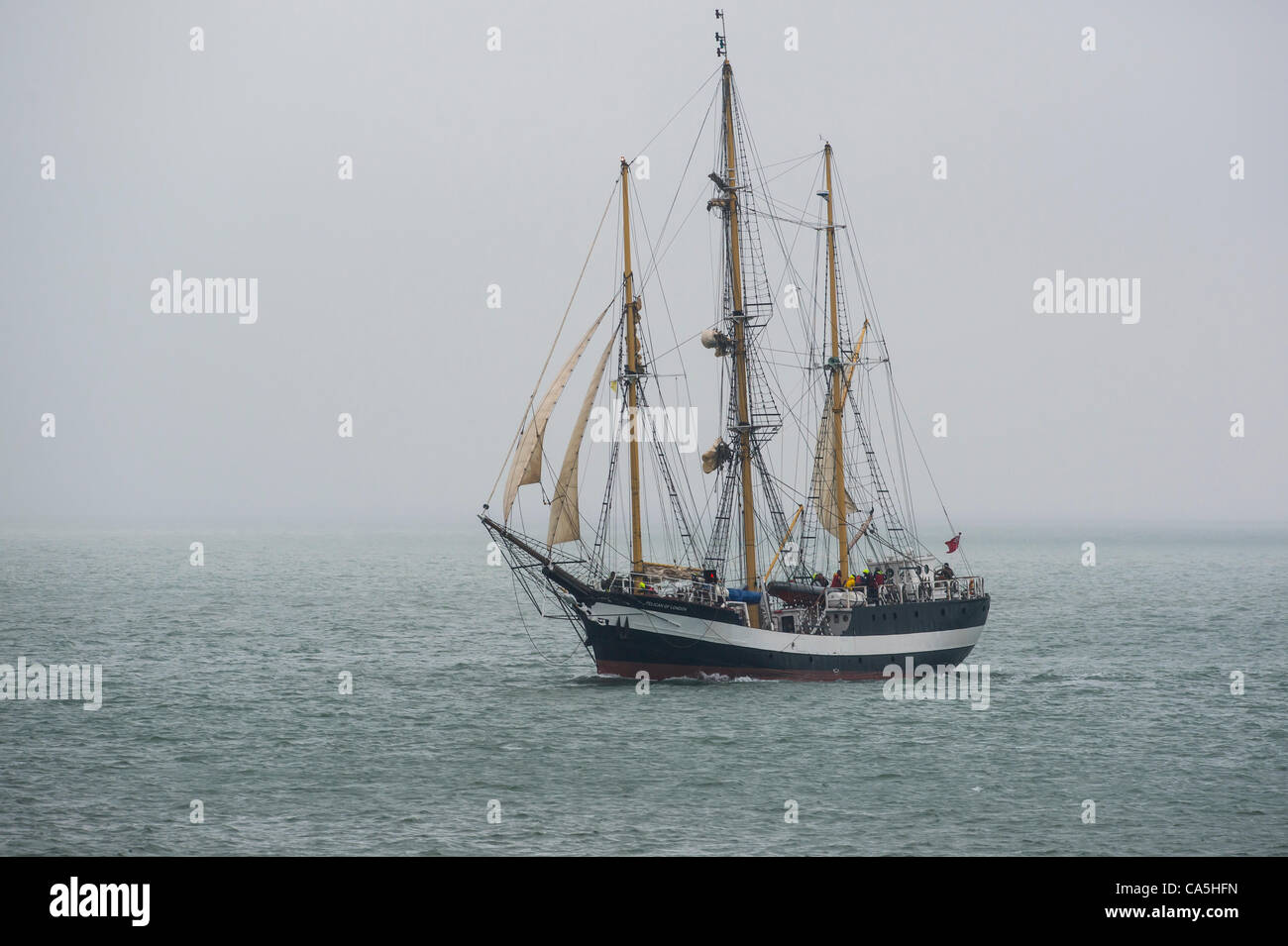 The three masted 45m steel hulled Pelican of London sailing ship racing from Southend, Essex to Portland, Dorset. Stock Photo