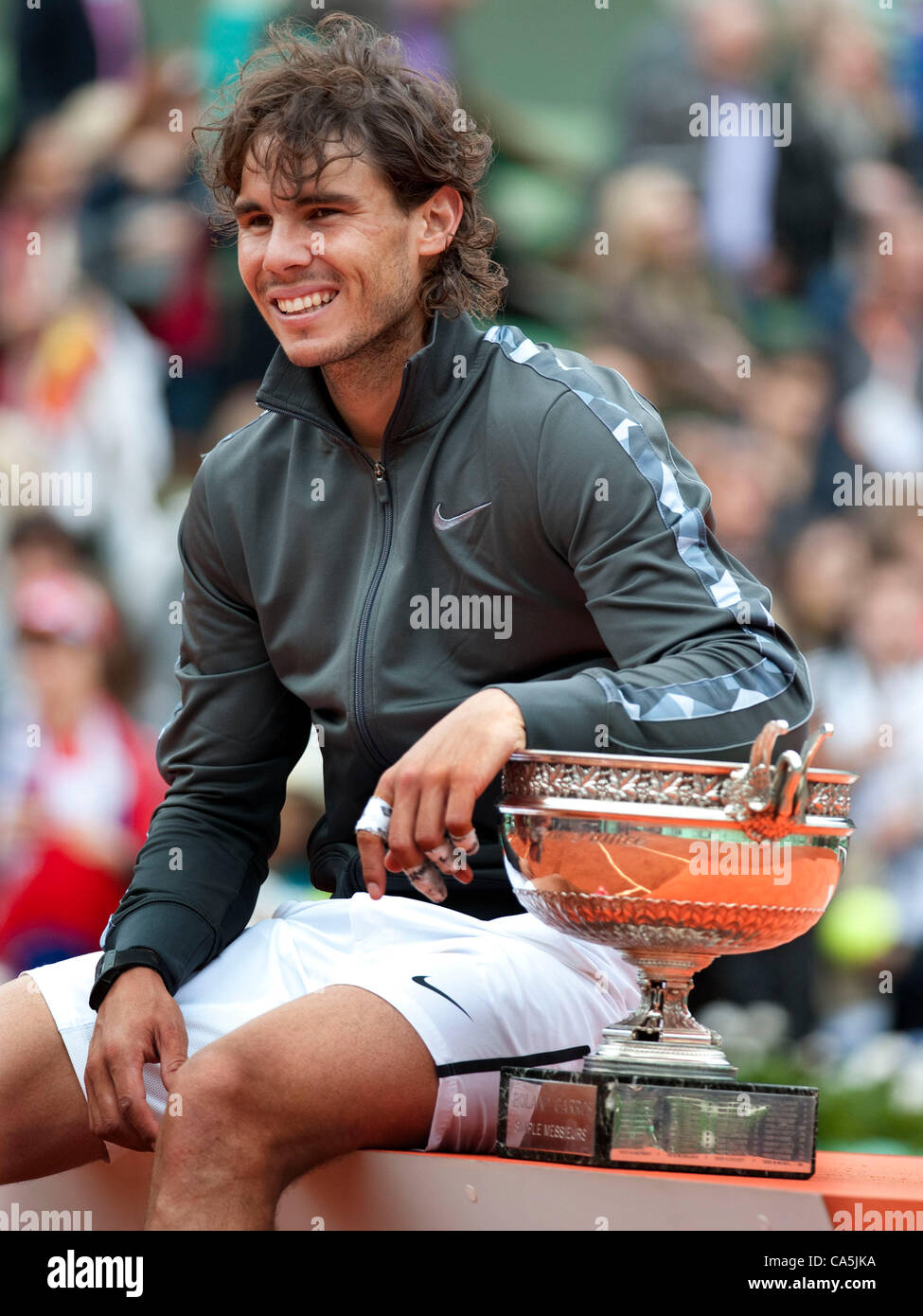 11.06.2012. Roland garros, Paris, France. Rafael Nadal of Spain with the French  Open Men's Champions trophy after Nadal defeated Serbia's Novak Djokovic in  the final of the French Open, played at Stade