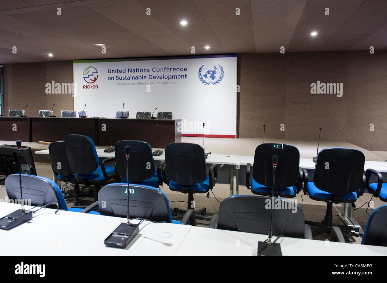 One of the conference suites at the Rio Centre, ready for the 3rd and final Preparatory Committee meeting which immediately preceeds the Rio+20 conference, with a battery of simultaneous interpreting microphone stands. United Nations Conference on Sustainable Development (Rio+20), Rio de Janeiro, Br Stock Photo