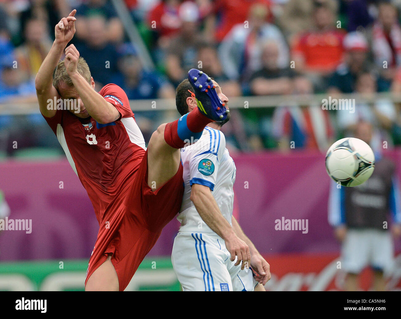 Czech David Limbersky and Greece Dimitris Salpingidis during the Euro 2012 soccer championship Group A match between Greece and Czech Republic in Wroclaw, Poland, Tuesday, June 12, 2012. (CTK Photo/Katerina Sulova) Stock Photo