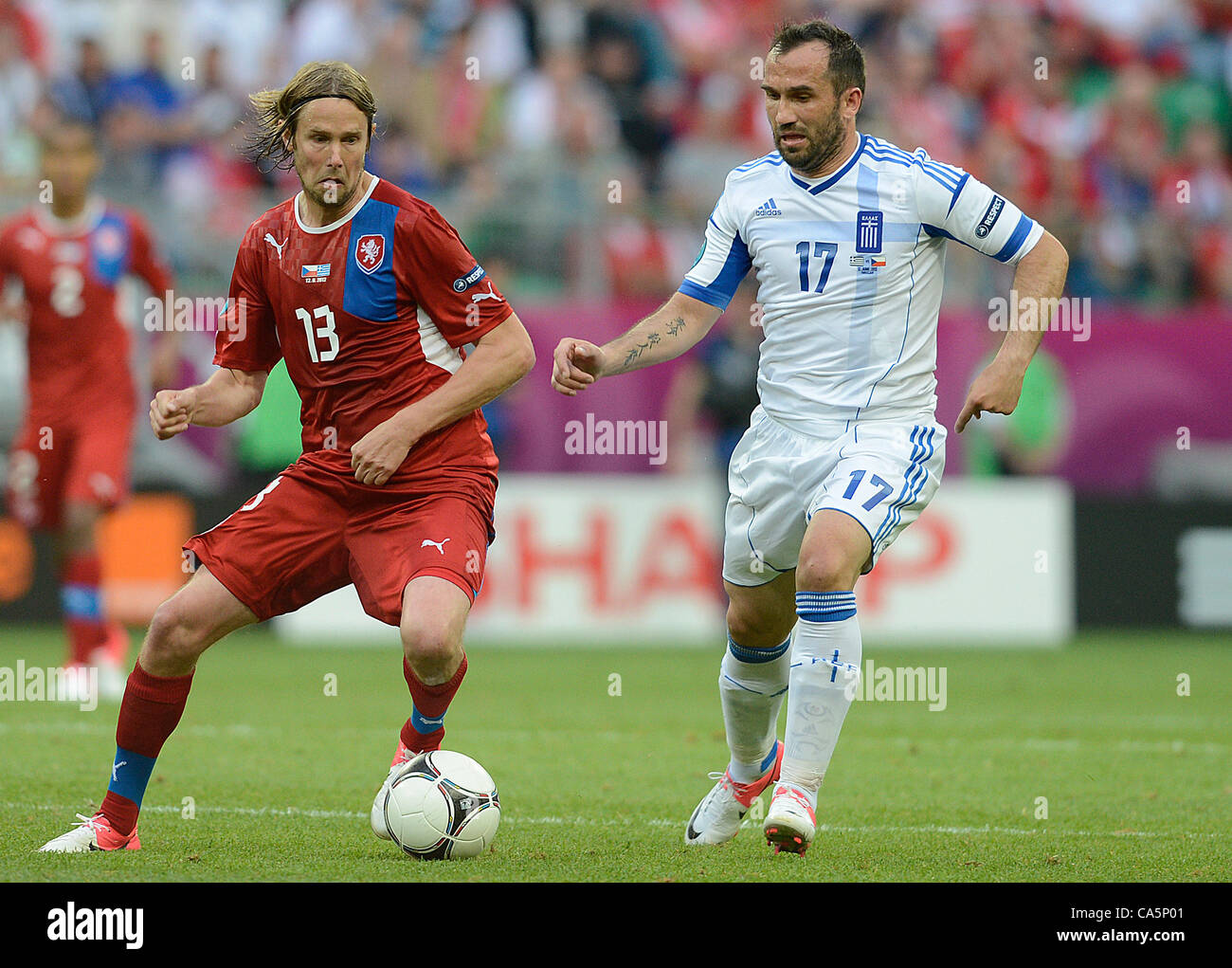 Czech Jaroslav Plasil and Greek Theofanis Gekas during the Euro 2012 soccer championship Group A match between Greece and Czech Republic in Wroclaw, Poland, Tuesday, June 12, 2012. (CTK Photo/Katerina Sulova) Stock Photo