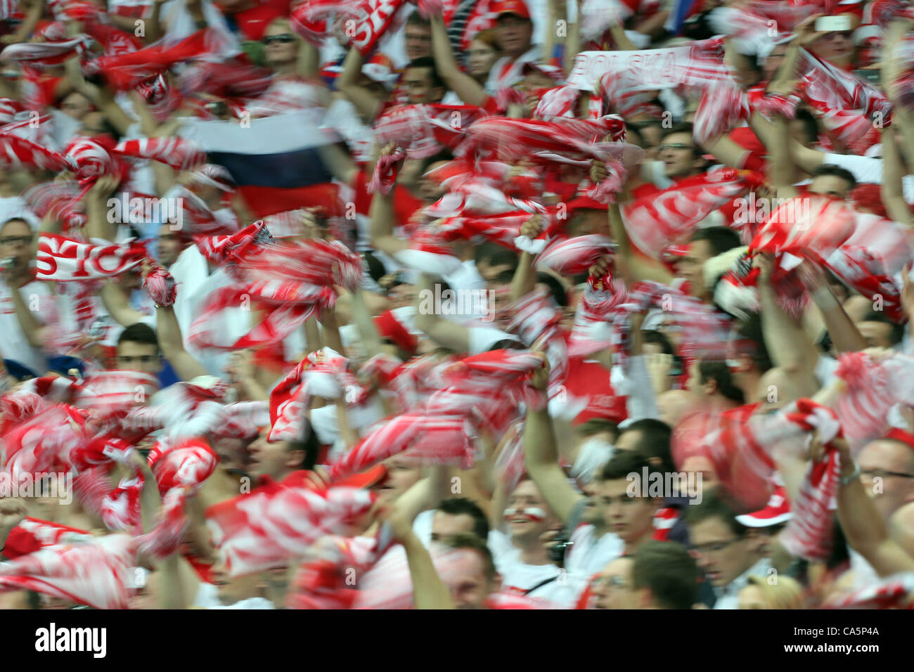 POLISH FANS WAVING SCARVES POLAND V RUSSIA NATIONAL STADIUM WARSAW