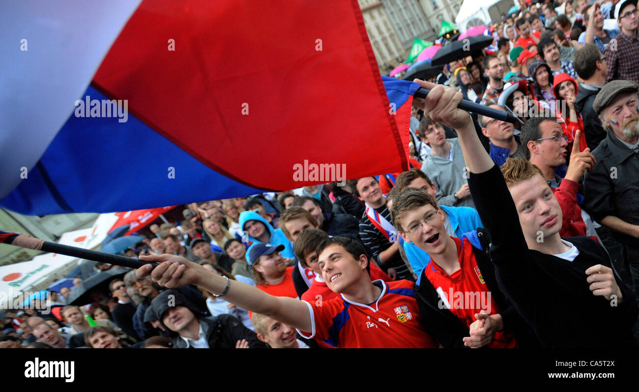 Euro 2012 soccer championship Group A match between Greece and Czech Republic, fans in Prague, Czech Republic follow the live transmission at the Old Town Square on Tuesday, June 12, 2012. (CTK Photo/Michal Kamaryt) Stock Photo